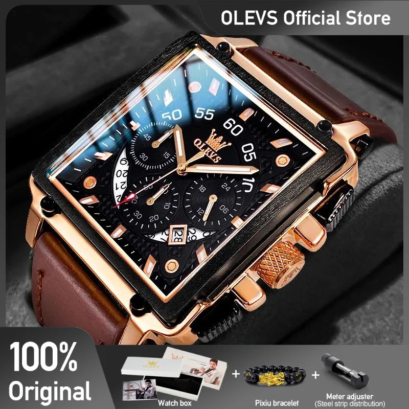 OLEVS Top Brand Male Watches Square Quartz Watch Watch For Men Waterproof Leather Strap Sport Clock Male Relogio Masculino - LKBA