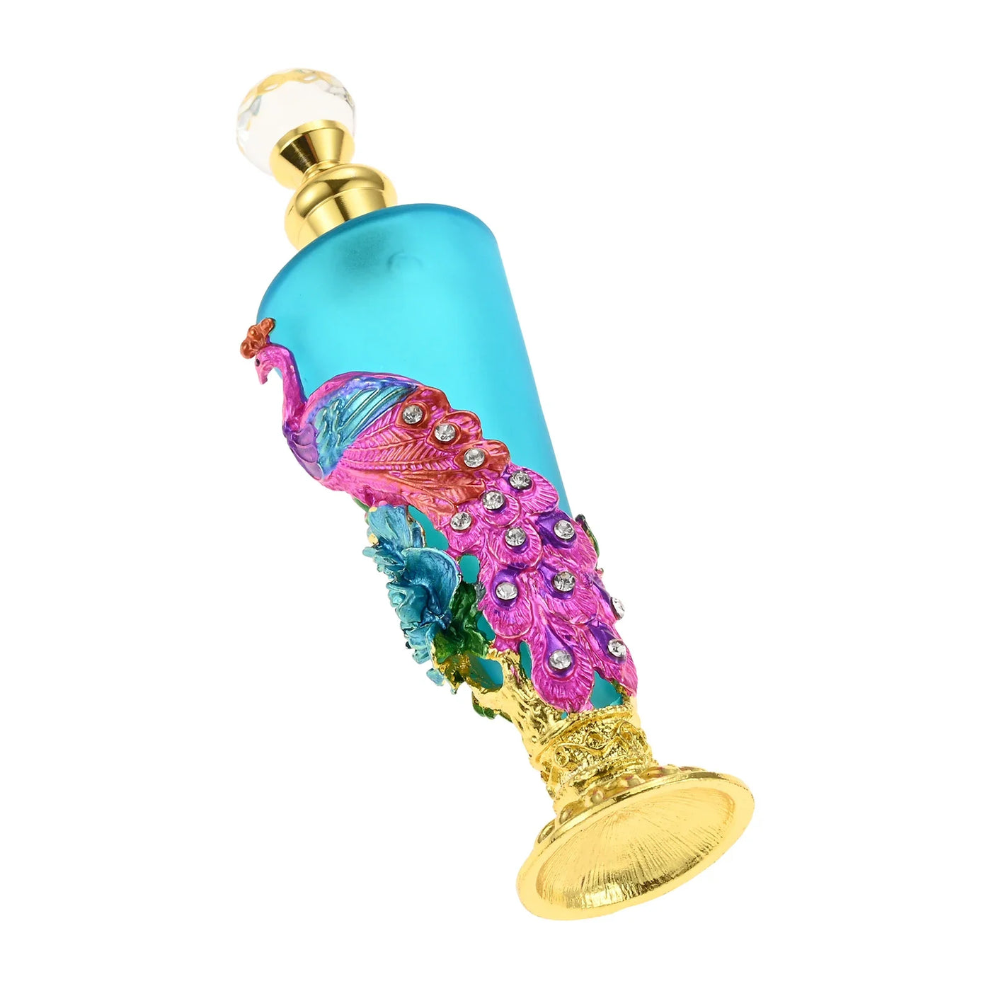 1pc 30ml Perfume Bottle Creative Enamel Peacock Flower Blue Conical Glass Jar Diamond Shape Lid 140mm/5.5" Decor Dressing Table - LKBA