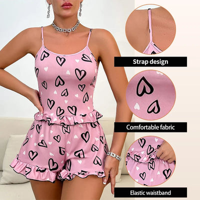 Womens' Summer Ice Silk Pink Printed Love Pajama Sexy Strap Shorts Home Clothes Set - LKBA