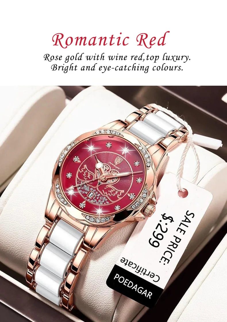 POEDAGAR Luxury Women's Quartz Watch Waterproof Luminous Date Ceramics Steel Watches For Woman Diamond Elegant Ladies Wristwatch - LKBA