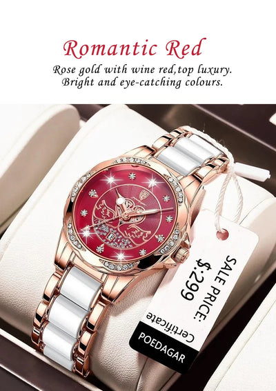 POEDAGAR Luxury Women's Quartz Watch Waterproof Luminous Date Ceramics Steel Watches For Woman Diamond Elegant Ladies Wristwatch - LKBA