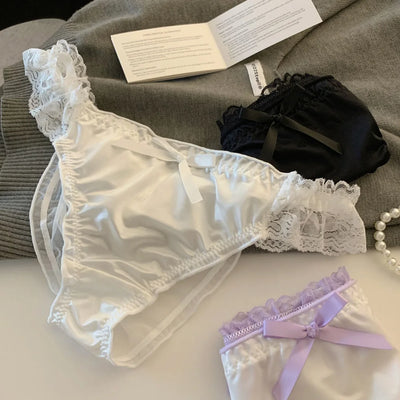 Women's Panties Lace Ruffle Satin Sexy Underwear Women's Low Waist Mesh Hollow Out Panties Sweet Girl Breathable  Briefs Lingeri - LKBA