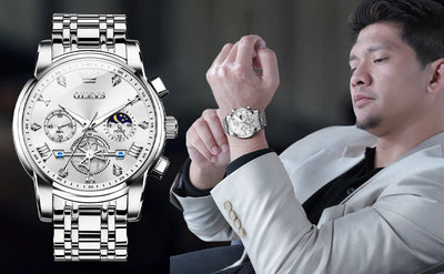 OLEVS 2856 Quartz Watch for Men Flywheel Skeleton Chronograph Moon Phase Multifunctional Stainless steel Men's Wristwatches - LKBA