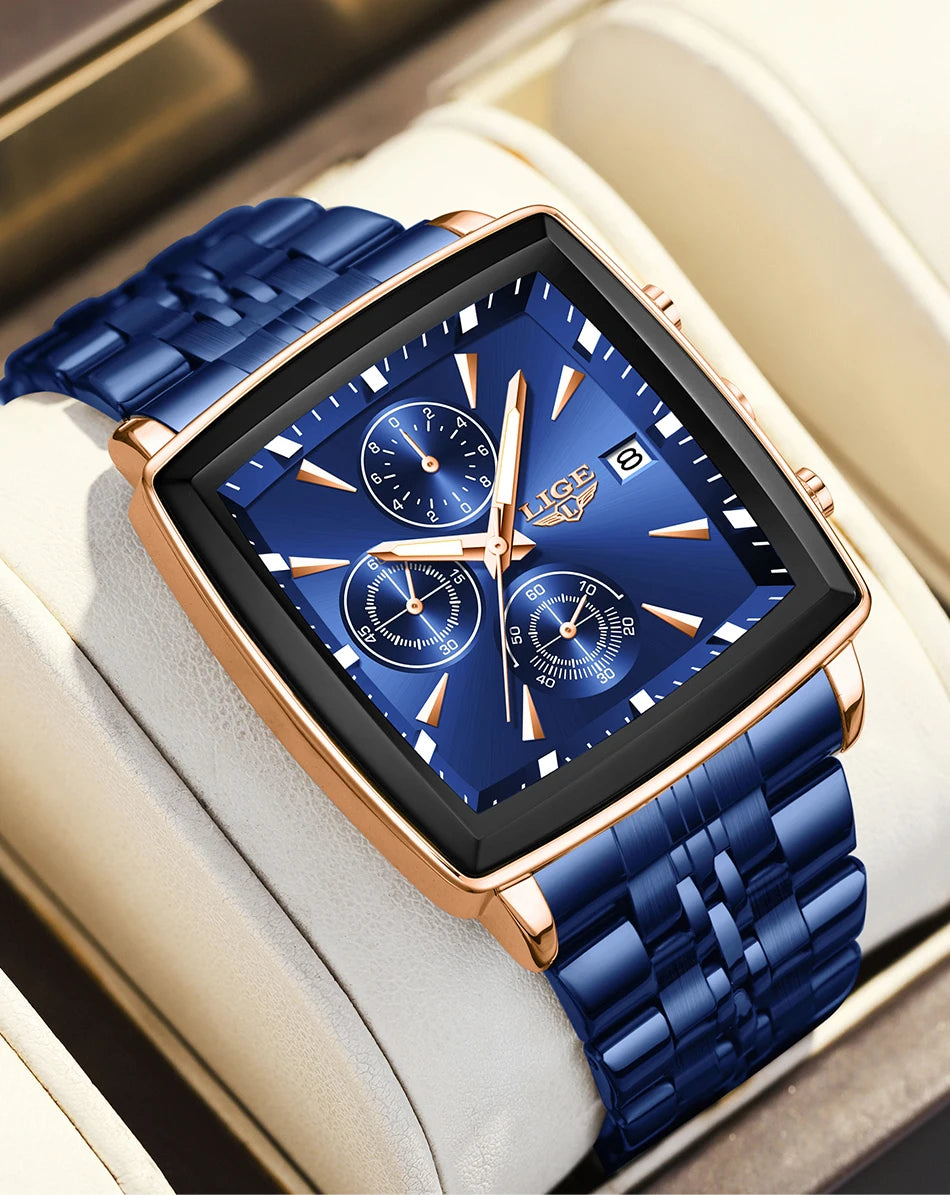 LIGE Top Brand Luxury Mens Watches Fashion Military Square Chronograph Quartz Wristwatches For Men Sports Waterproof Watch Men - LKBA