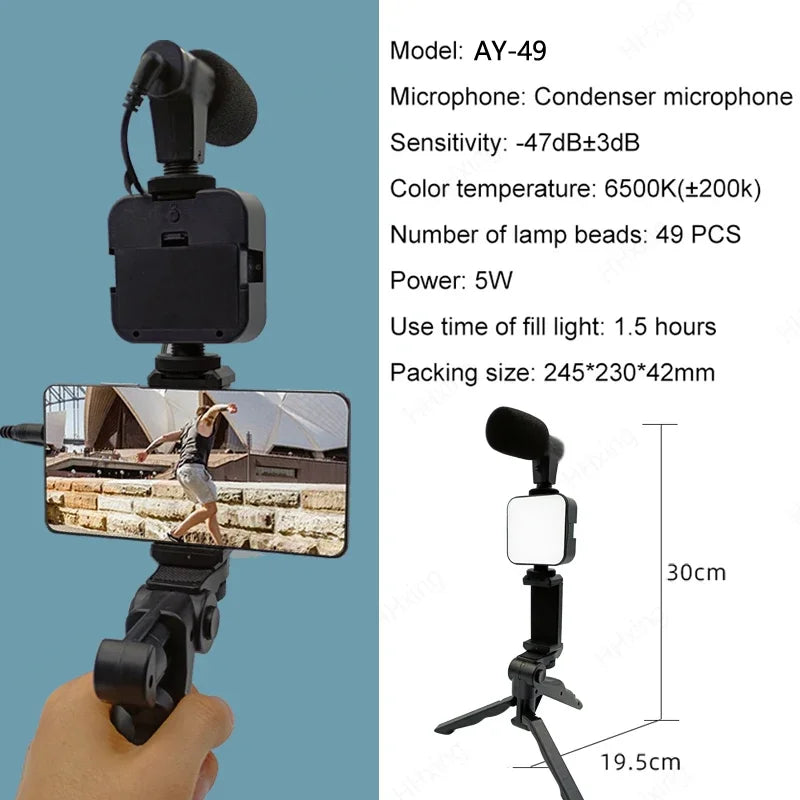 Smartphone Vlogging Kit with Tripod Phone Holder Mini Microphone LED Fill Light - LKBA