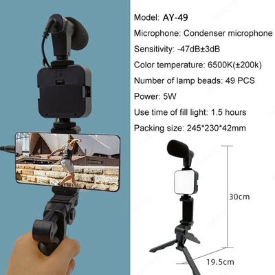 Smartphone Vlogging Kit with Tripod Phone Holder Mini Microphone LED Fill Light - LKBA