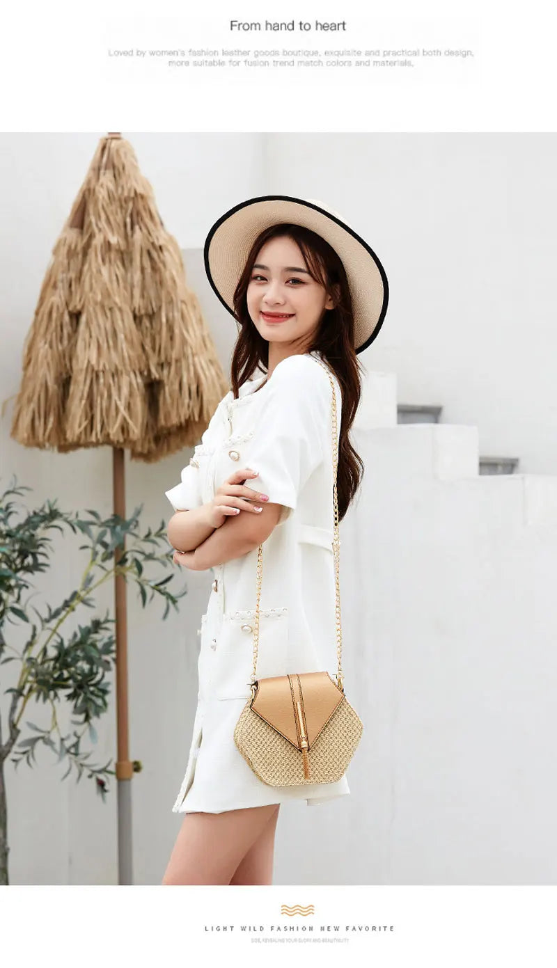 Shape Straw PU Leather Handbag Women Summer Rattan Bag Handmade Woven Beach Bohemia Chain Strap Shoulder - LKBA
