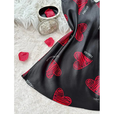 Valentine's Day Red Lip Print Satin Slip Nightdress V Neck Backless Mini Sleep Dress Women's Sleepwear Dresses - LKBA