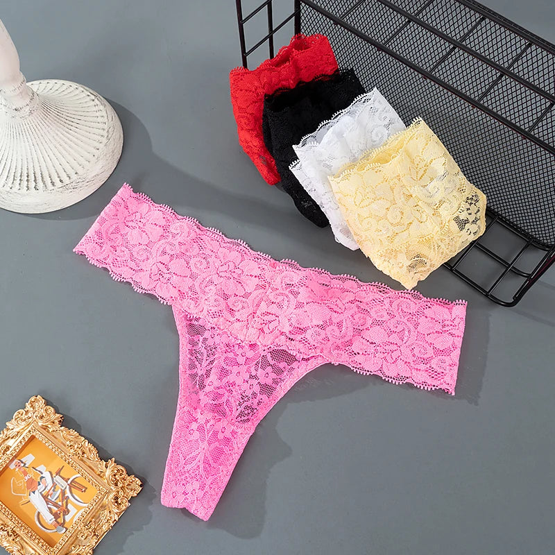 Women Sexy Lace Panties Low Waist Underwear Thong Female G-String Breathable Lingerie Temptation Hollow Out Printing Intimates - LKBA