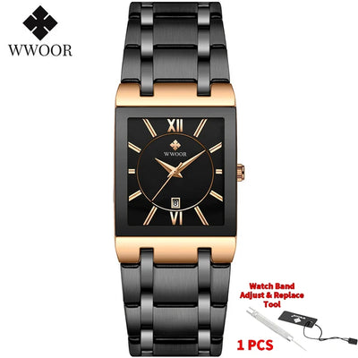 Fashion Stainless Steel Watches Men 2024 WWOOR Square Waterproof Quartz Watch Men Top Brand Luxury Gold Black Wristwatch For Man