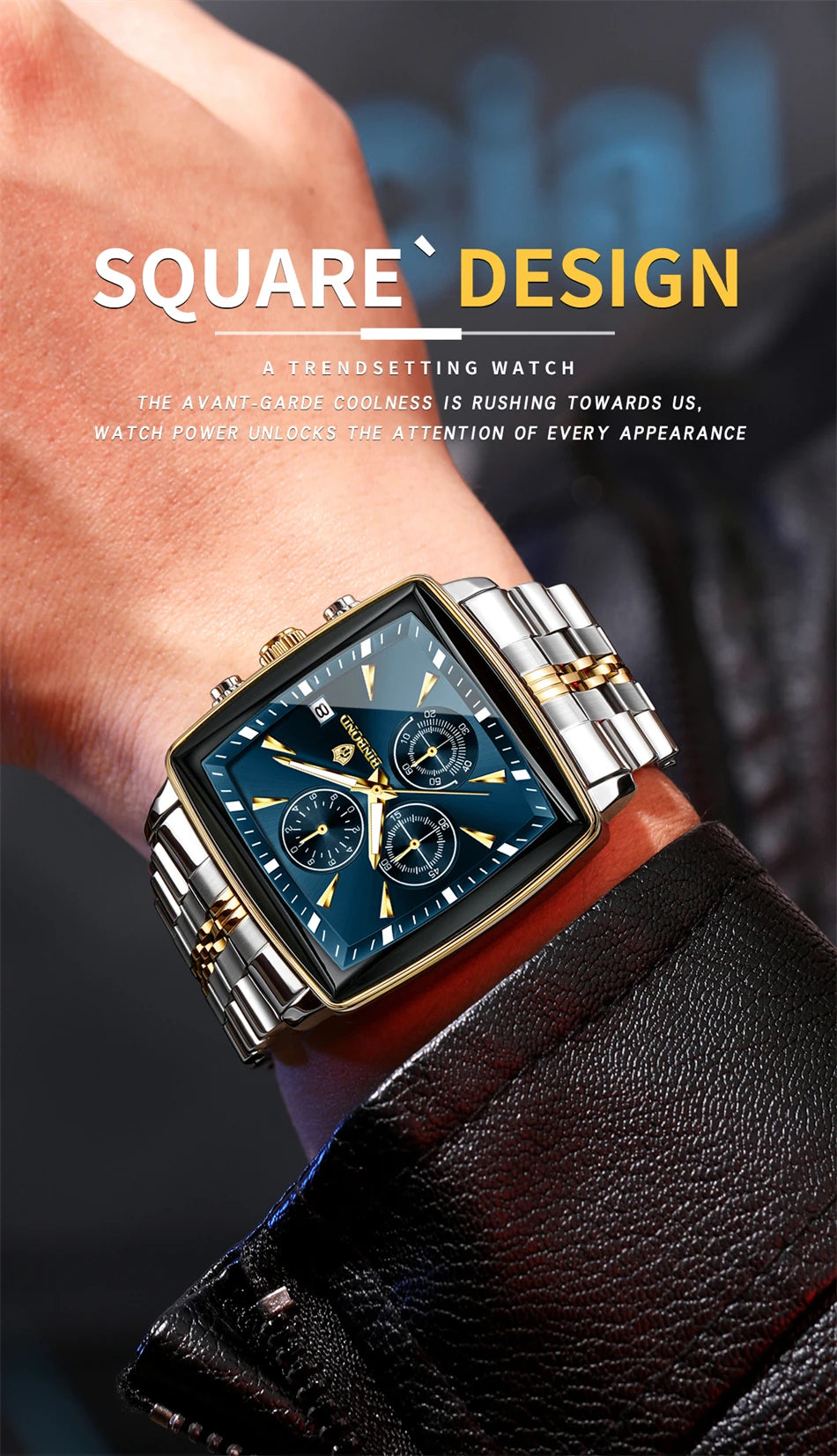 BINBOND Luxury Square Sport Man Wristwatch Waterproof Luminous Chronograph Quartz Men's Watches Stainless Steel Men Watch Reloj - LKBA