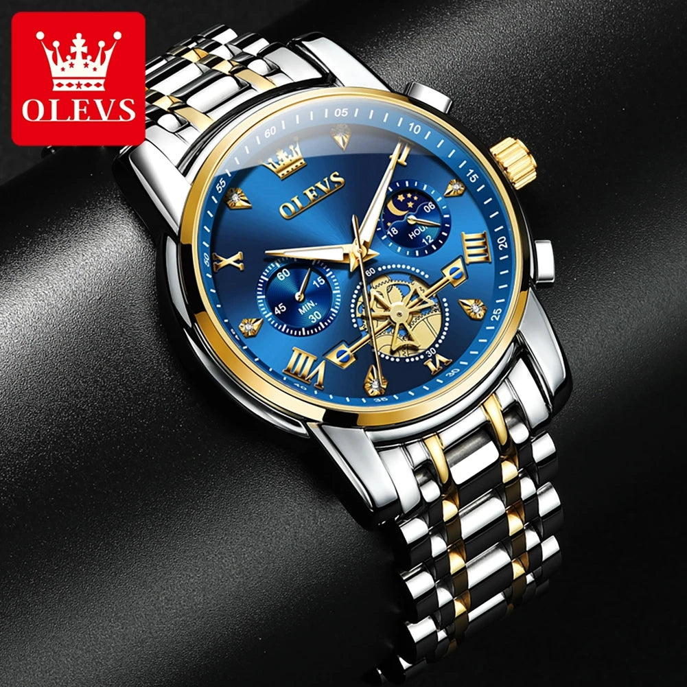 OLEVS 2856 Quartz Watch for Men Flywheel Skeleton Chronograph Moon Phase Multifunctional Stainless steel Men's Wristwatches - LKBA