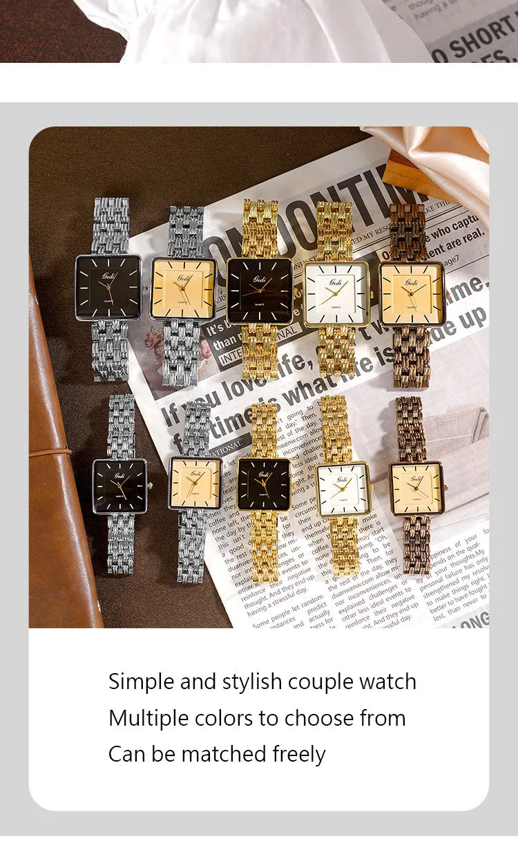 Men Watch Business Simple Square Couple Watches Waterproof Stainless Steel Premium Ultra Thin Women Fashion Quartz Wristwatches - LKBA