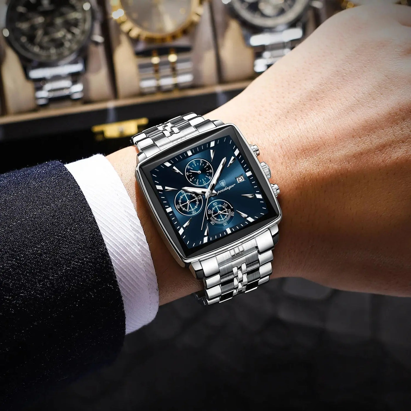 POEDAGAR Square Men Watch Waterproof Luminous Chronograph Calendar Man Wristwatch Stainless Steel Quartz Men's Watches+Box Reloj - LKBA