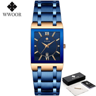 Fashion Stainless Steel Watches Men 2024 WWOOR Square Waterproof Quartz Watch Men Top Brand Luxury Gold Black Wristwatch For Man