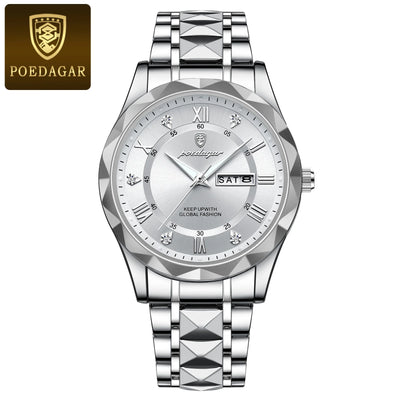 POEDAGAR Top Brand Luxury Men's Watches Waterproof Luminous Calendar Week Watch For Man Casual Stainless Steel Quartz Men Watch - LKBA
