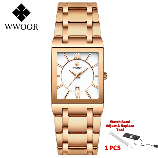 Fashion Stainless Steel Watches Men 2024 WWOOR Square Waterproof Quartz Watch Men Top Brand Luxury Gold Black Wristwatch For Man