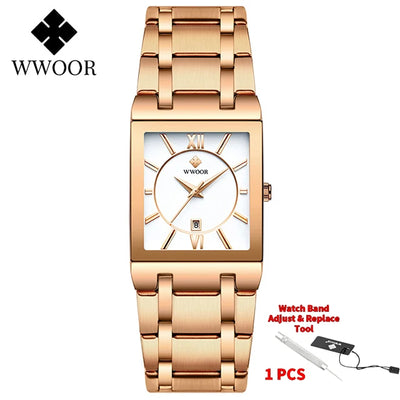 Fashion Stainless Steel Watches Men 2024 WWOOR Square Waterproof Quartz Watch Men Top Brand Luxury Gold Black Wristwatch For Man