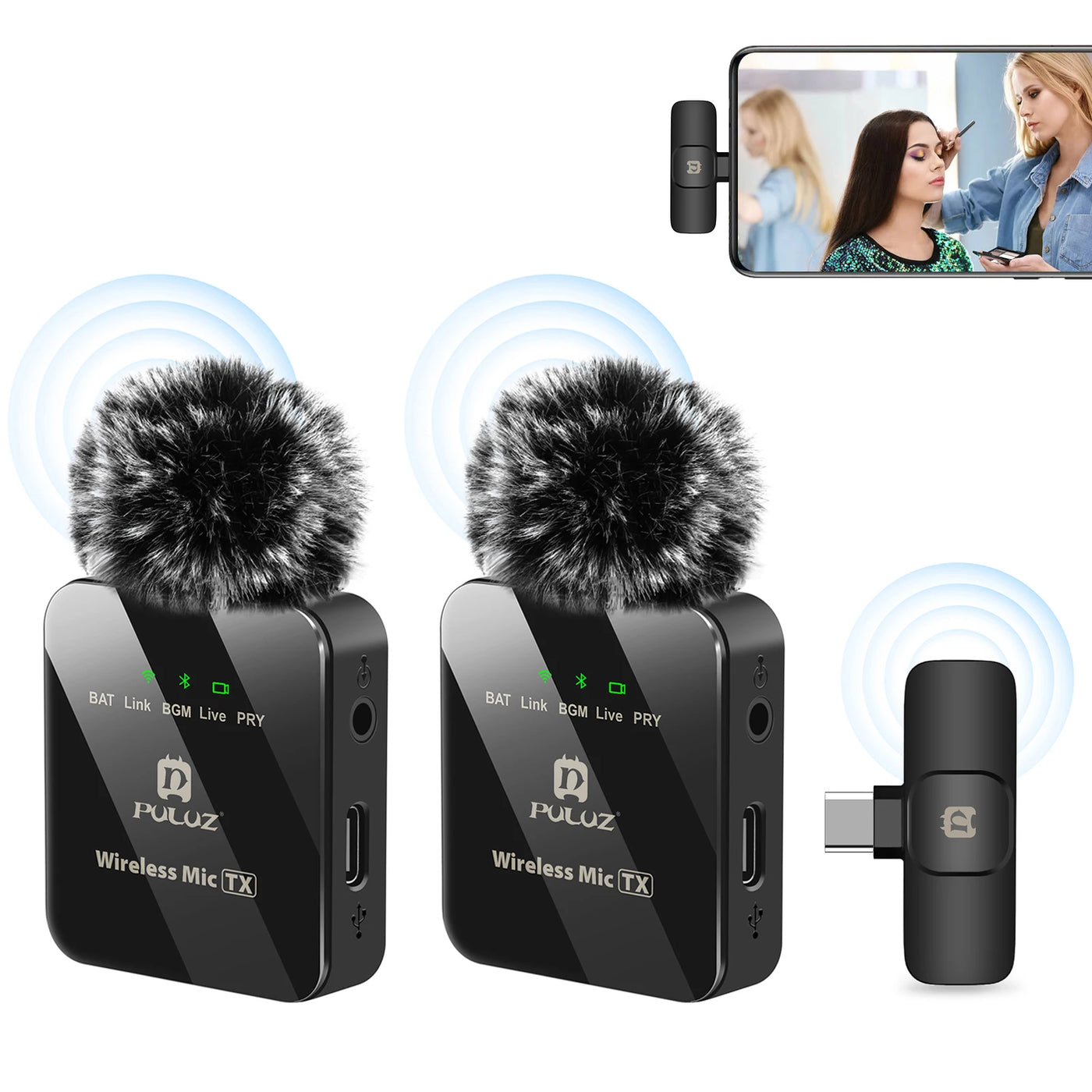PULUZ Wireless Lavalier Microphone Portable Audio Video Recording Mini Mic for iPhone Android Outdoor Live Broadcast Phone Mic - LKBA