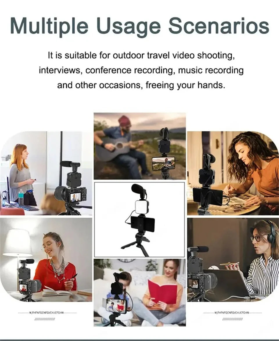 Smartphone Vlogging Kit with Tripod Phone Holder Mini Microphone LED Fill Light - LKBA