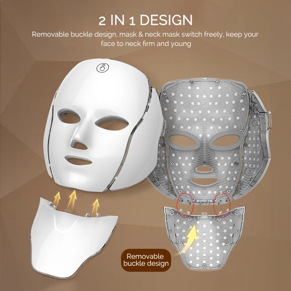 LED Facial Mask with Neck 7 Colors Light Therapy Red Light Facial Mask for Anti-Aging Rejuvenation Brighten Skin Beauty Device - LKBA