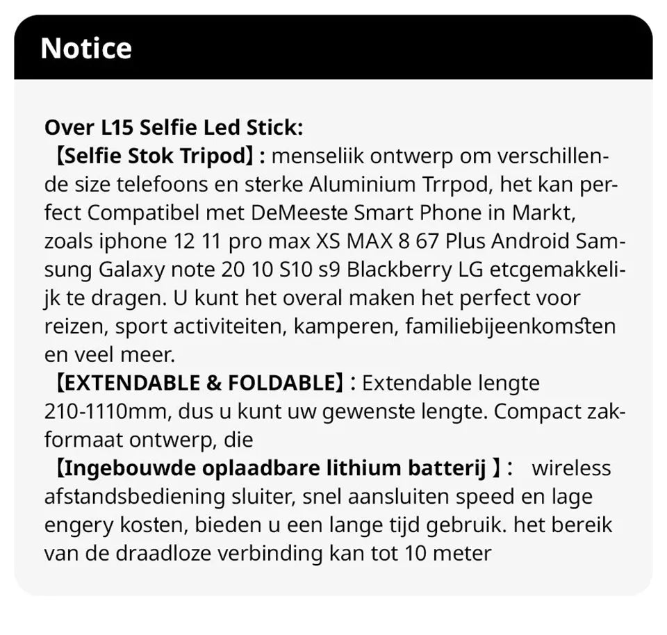 2025 New L15 Wireless Selfie Stick Tripod Stand Foldable Monopod with Led Light for Smart phones - LKBA