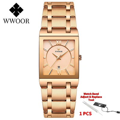 WWOOR Brand Luxury Gold Bracelet Men's Watches Fashion Square Quartz Wrist Watch For Men Stainless Steel Waterproof Reloj Hombre