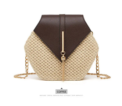 Shape Straw PU Leather Handbag Women Summer Rattan Bag Handmade Woven Beach Bohemia Chain Strap Shoulder - LKBA
