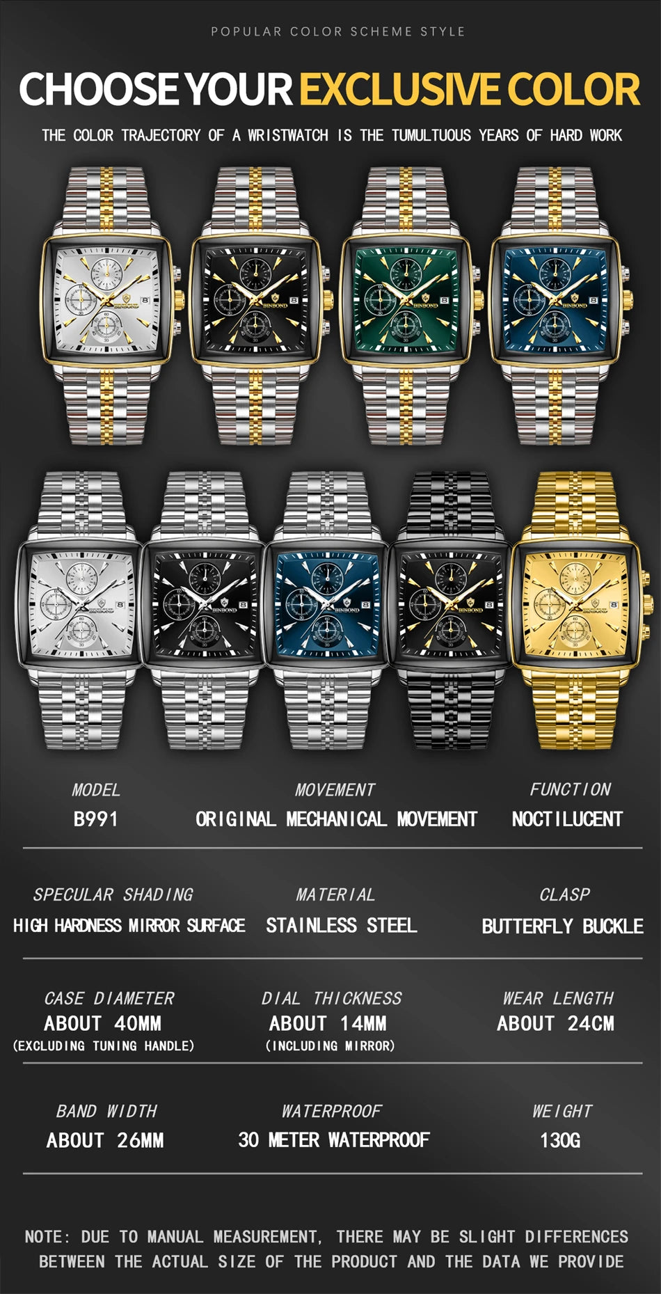 BINBOND Luxury Square Sport Man Wristwatch Waterproof Luminous Chronograph Quartz Men's Watches Stainless Steel Men Watch Reloj - LKBA