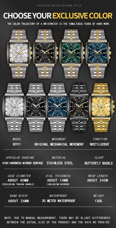 BINBOND Luxury Square Sport Man Wristwatch Waterproof Luminous Chronograph Quartz Men's Watches Stainless Steel Men Watch Reloj - LKBA