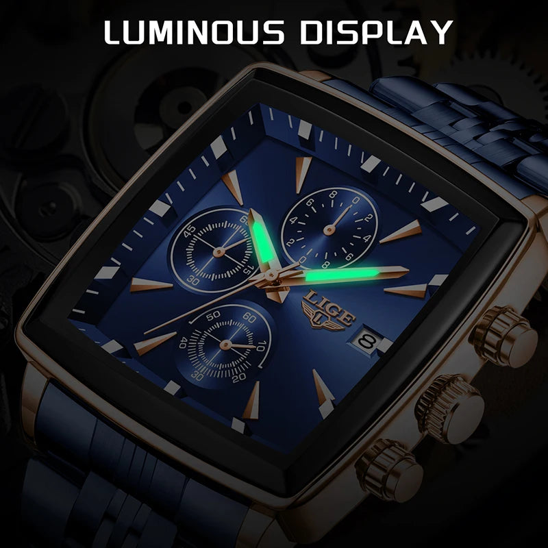 LIGE Top Brand Luxury Mens Watches Fashion Military Square Chronograph Quartz Wristwatches For Men Sports Waterproof Watch Men - LKBA