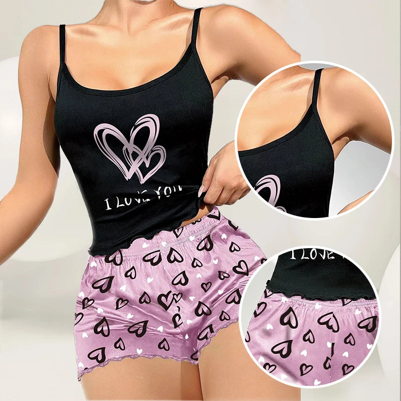 Women's Milk Silk Pajamas Set Summer Sleeveless Heart Print Shorts Sleepwear Sexy Comfortable Loungewear Two Piece - LKBA