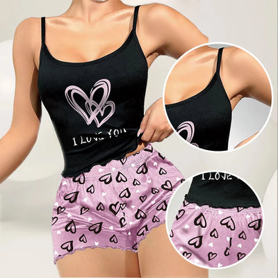 Women's Milk Silk Pajamas Set Summer Sleeveless Heart Print Shorts Sleepwear Sexy Comfortable Loungewear Two Piece - LKBA