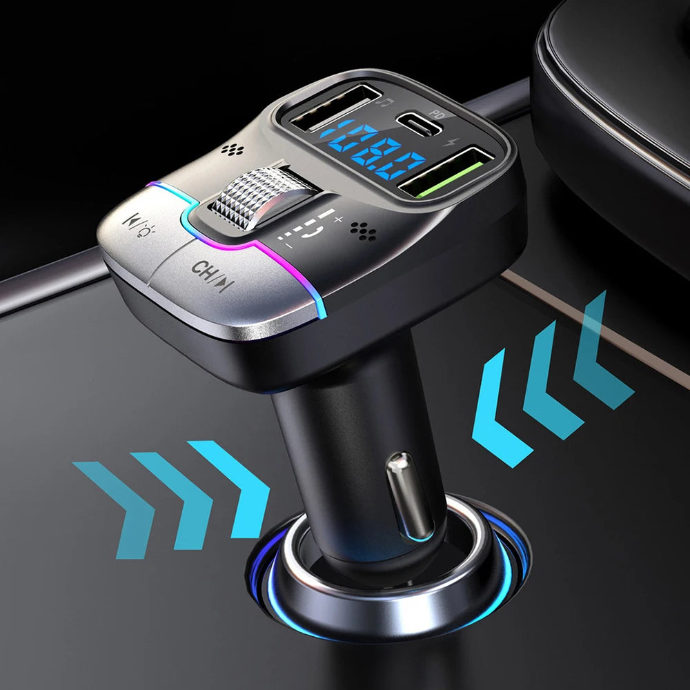Bluetooth 5.3 Car FM Transmitter Wireless Bluetooth Car Adapter MP3 Player Handsfree Call Dual USB PD Fast Charger Roller Wheel - LKBA