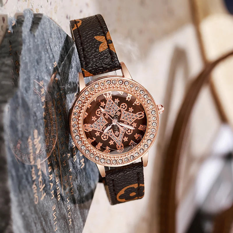 Classic Fashion Quartz Wristwatches Sparkling Rhinestone Women's Watches Leather Strap Relojes Para Damas - LKBA