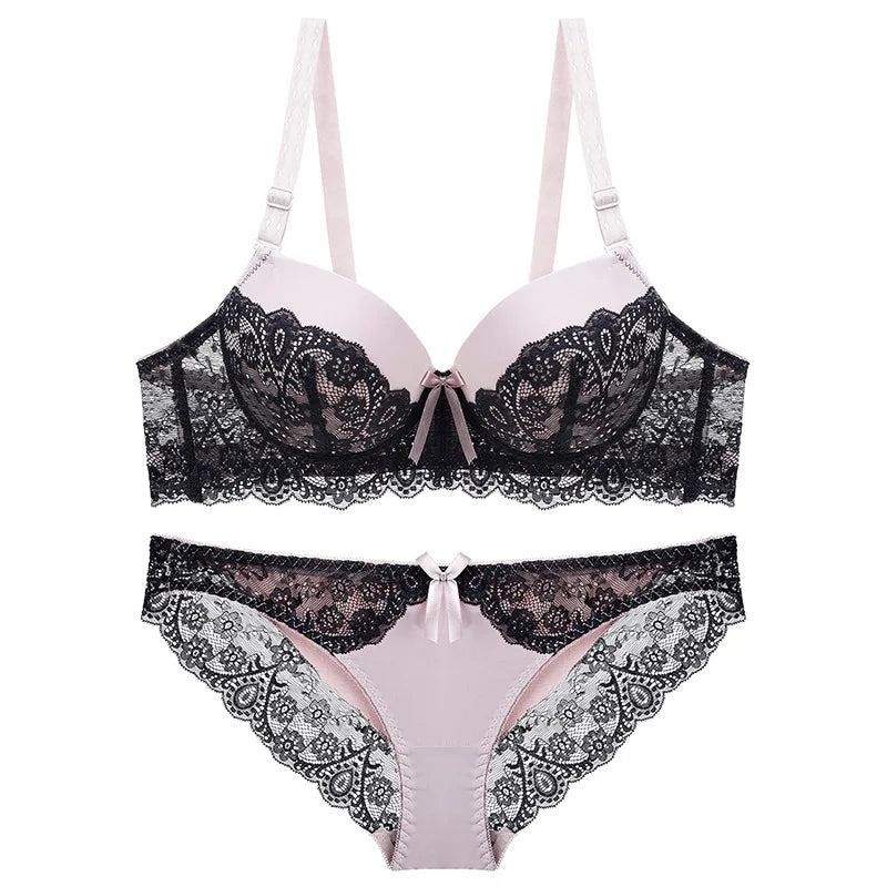 New Style Sexy Women Bra Set Lace Thin Cup B C Underwired Underwear Small Chest Gathering Push Up Lingerie Breast Bra Thong - LKBA