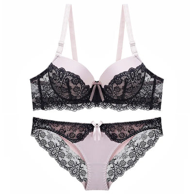 New Style Sexy Women Bra Set Lace Thin Cup B C Underwired Underwear Small Chest Gathering Push Up Lingerie Breast Bra Thong - LKBA