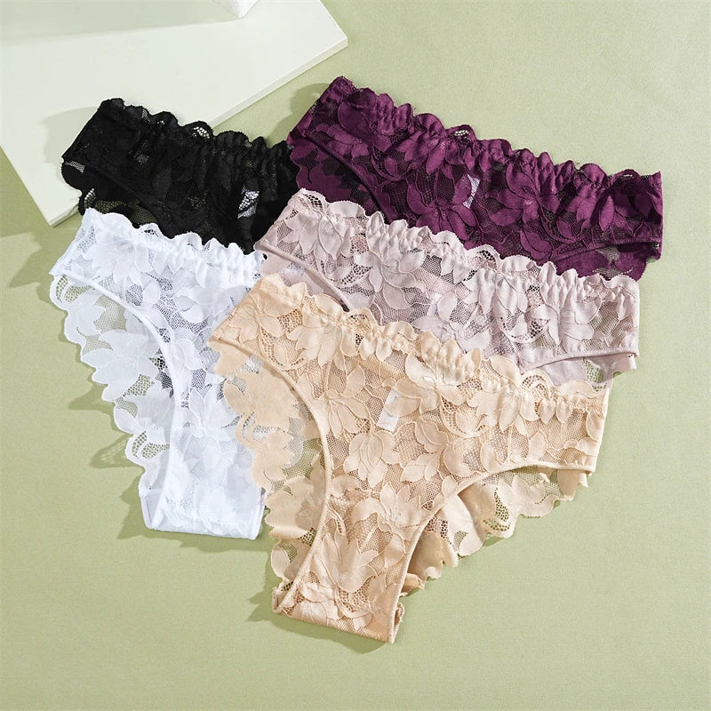 2Pcs Women's Satin Floral Lace Underwear Sexy Hollow Out Panties Solid Low-Waist Perspective Briefs Girls Soft Lingerie - LKBA