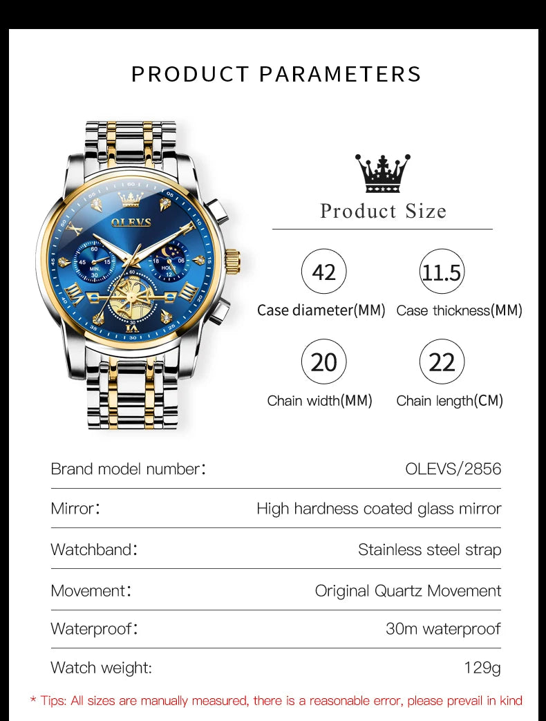 OLEVS 2856 Quartz Watch for Men Flywheel Skeleton Chronograph Moon Phase Multifunctional Stainless steel Men's Wristwatches