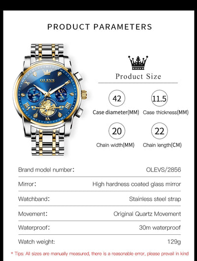 OLEVS 2856 Quartz Watch for Men Flywheel Skeleton Chronograph Moon Phase Multifunctional Stainless steel Men's Wristwatches