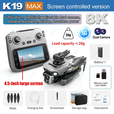 New K19 Max Drone 4.5-Inch Large Screen 360° Obstacle Avoidance GPS Positioning Optical Flow Positioning RC Airdrop Device - LKBA