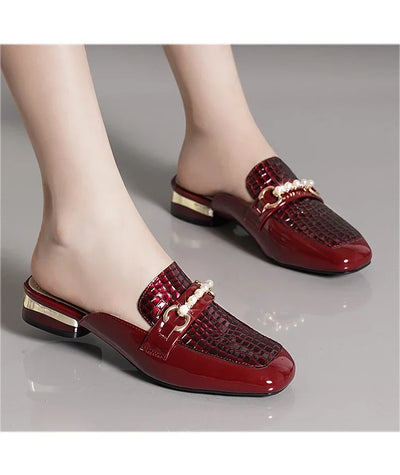 Summer New Pearl Painted Leather Low Heel Women's Slippers High Quality Flat Bottom Half Slippers Comfortable Fashionable - LKBA