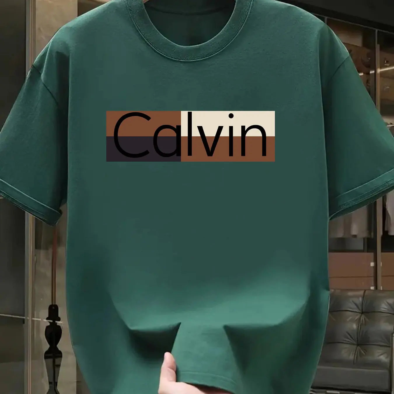 Men's summer 100% pure cotton fashionable casual sports loose Calvin pattern printed round neck short sleeved T-shirt top - LKBA