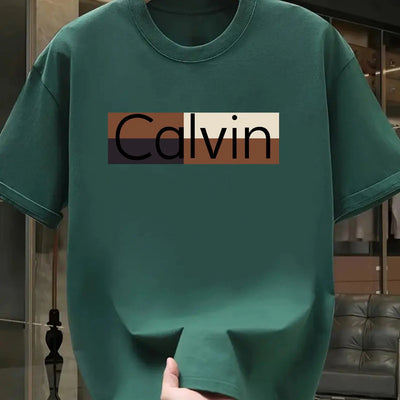 Men's summer 100% pure cotton fashionable casual sports loose Calvin pattern printed round neck short sleeved T-shirt top - LKBA