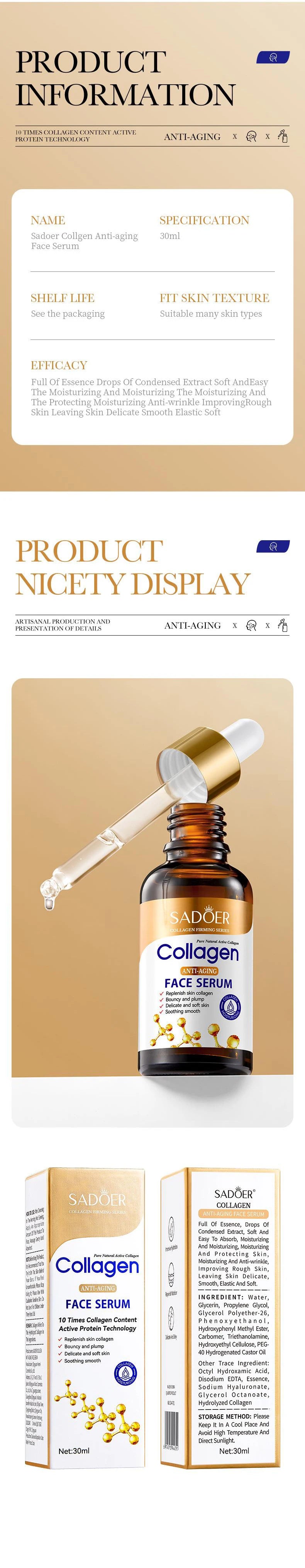 1/2/3pcs SADOER Collagen Face Serum skincare Facial Essence Liquid Anti-aging Moisturizing Nourishing Facial Serum Skin Care - LKBA