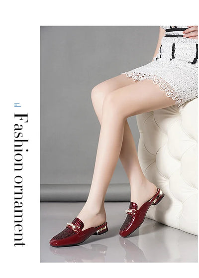 Summer New Pearl Painted Leather Low Heel Women's Slippers High Quality Flat Bottom Half Slippers Comfortable Fashionable - LKBA