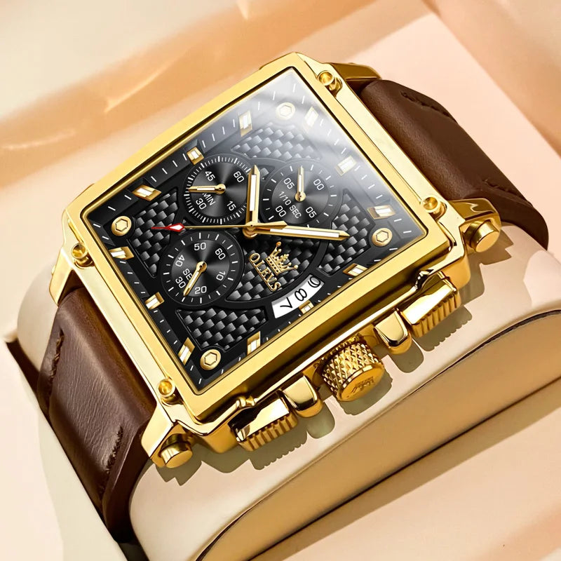 OLEVS Men's Top Brand Square Quality Quartz Wristwatch Chronograph Waterproof Original Watch for Man Luminous Date Luxury - LKBA