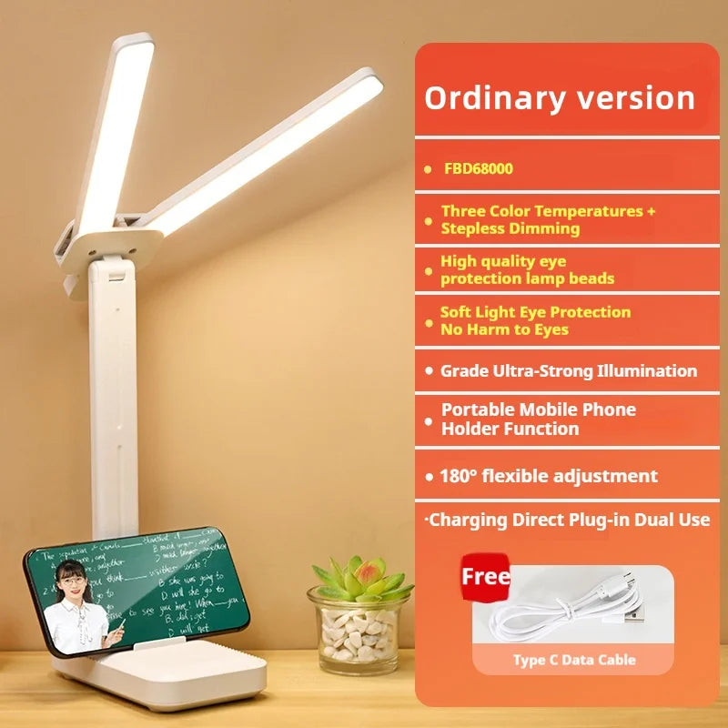 LED double-head desk lamp, 3-level dimmable touch night light, USB rechargeable, eye-protection, foldable bedside reading desk - LKBA