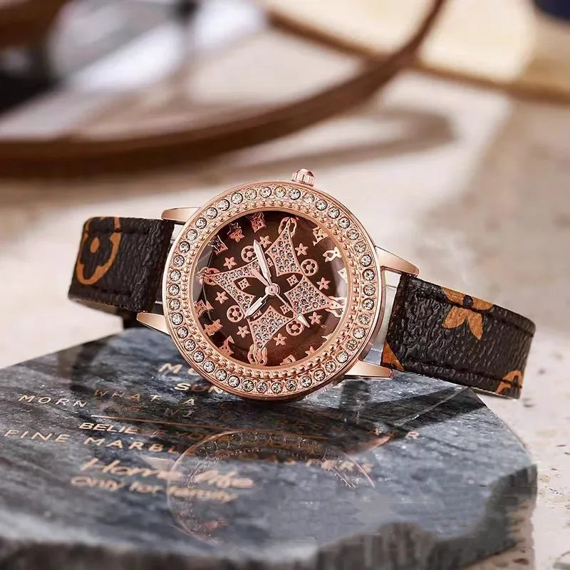 Classic Fashion Quartz Wristwatches Sparkling Rhinestone Women's Watches Leather Strap Relojes Para Damas - LKBA
