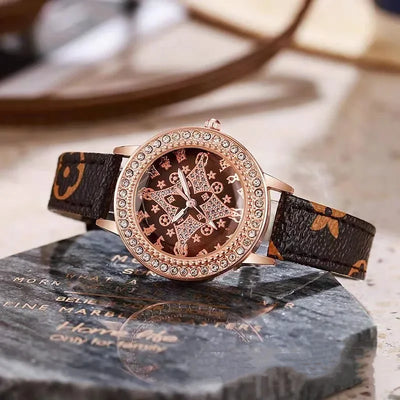 Classic Fashion Quartz Wristwatches Sparkling Rhinestone Women's Watches Leather Strap Relojes Para Damas - LKBA